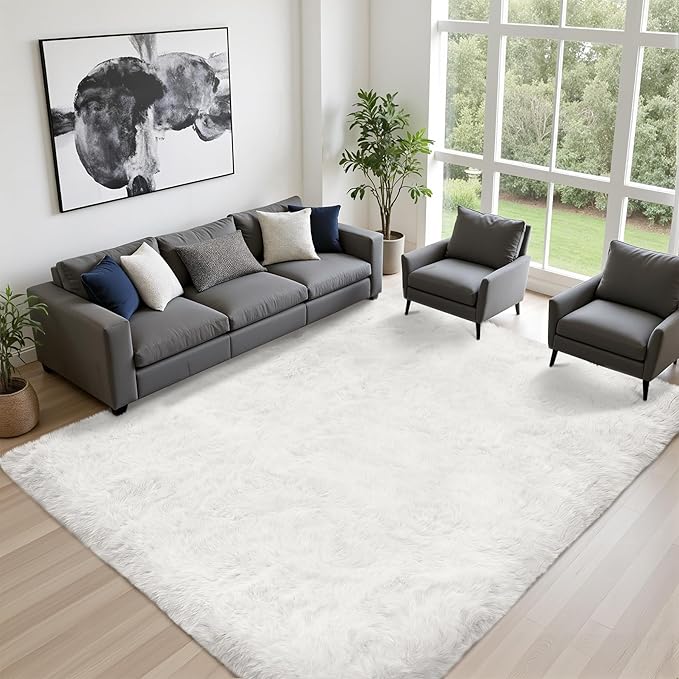 8x10 Area Rugs for Living Room Bedroom: Ultra Soft Fluffy Shag Rug Upgrade Non-Slip Non-Shedding Large Fuzzy Plush Carpet Indoor Floor Carpets for Kids Room Playroom Nursery Dorms Home Decor Ivory