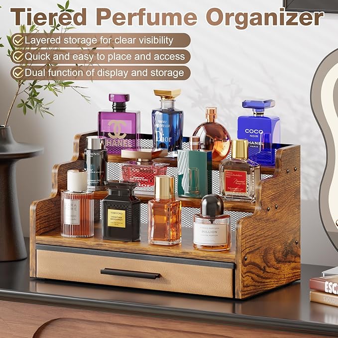Yuzehuaza 3 Tier Cologne Stand with Drawer, Wooden Cologne Organizer for Men/Women, Retro Perfume Stand Organizers, Display Riser Shelf Holder for Skincare and Makeup Organizers, Rustic Brown