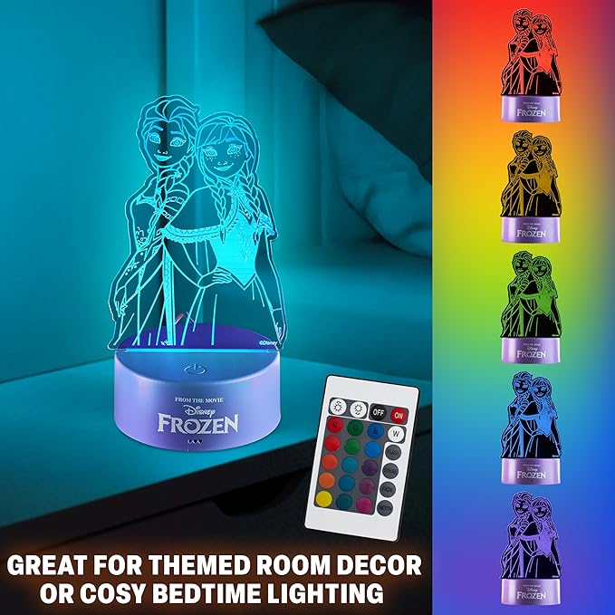 Get Trend Disney Frozen 3D Illusion Night Light for Kids, Anna & Elsa, 16 Colors, 4 Lighting Modes, Dimmable, Dual Powered LED Desk Lamp, Bedroom Decor, Gifts for Girls (Multi Frozen)