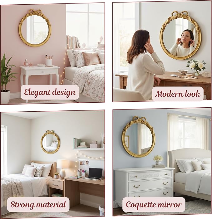 24-Inch Gold Bow Resin Mirror – Perfect Decorative Accent for Nursery and Elegant Baby Room Decor (Gold, 26x24in)