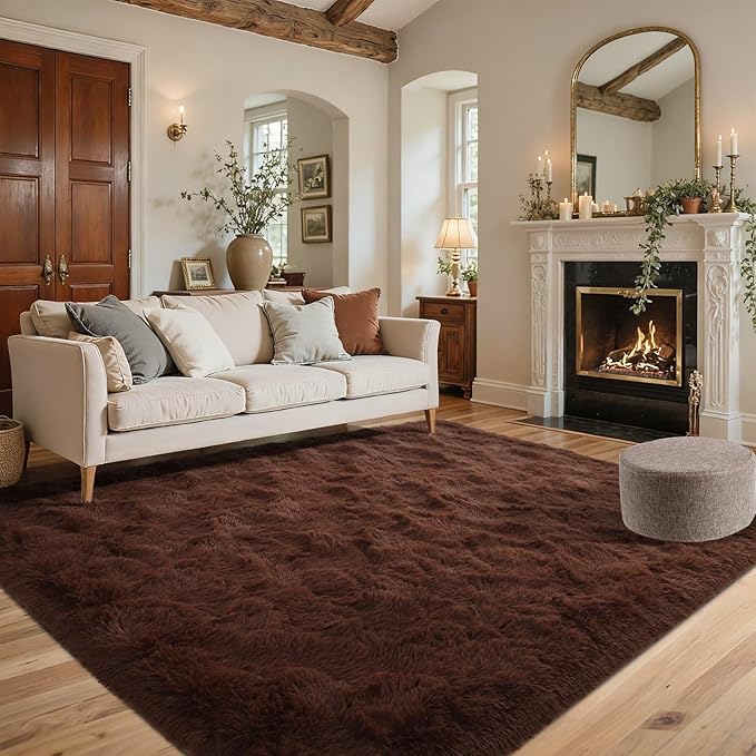 Coffee Brown 4x6 ft Fluffy Rug for Living Room,Fur Bedroom Area Rugs Non-Slip,Carpet for Nursery Kids PlayRoom Indoor Modern Plush Carpets
