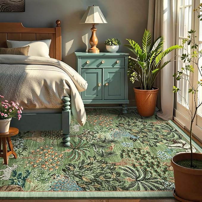 GarveeHome Jungle Animal Print Rug 6x9 Washable Area Rugs for Living Room, Forest Rug Non Slip Low Pile Stain Resistance Large Throw Carpet for Bedroom Dining Room Kids Playroom Nursery, Forest Green