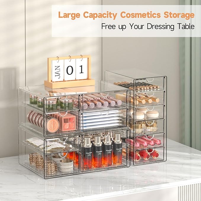 Makeup Drawer Storage Organizer with 13 Drawers, 3 Set Acrylic Office Desk Organization and Storage, Dustproof Drawer Organizer for Makeup, Office, Countertop, Jewelry, Pen, Desktop, Bathroom, Bedroom