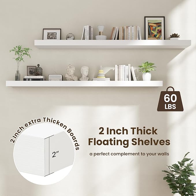 FLYJOE 72 Inch Floating Shelves | 12 Inch Deep White Floating Shelves Set of 2 | 72" W x 12" D Rustic White Wood Wall Shelves for Bathroom Living Room Kitchen Laundry Room