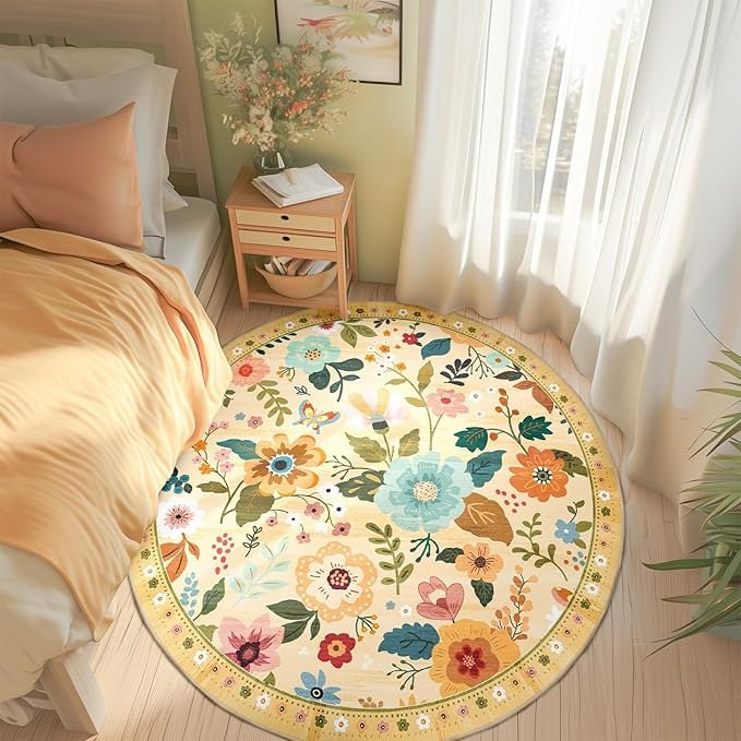 RELEANY Floral Nursery 6ft Area Rugs Washable Print Boho Cute Carpet Non Slip Flower Low Pile for Living Room Kids Girls Playroom Bedroom Kitchen Office Farmhouse-Ivory/Yellow
