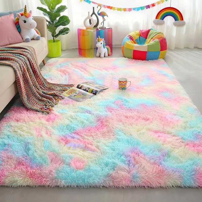 Rainbow Runner Kids Rugs for Girls Bedroom, Unicorn Room Decor, Fluffy Colorful Pastel Shag Area Rug for Baby Nursery, Soft Cute Fuzzy Kawaii Furry Plush Carpet for Playroom Preppy Dorm, 3x5 Rug Small