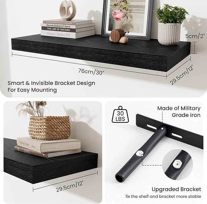 Fun Memories 12 Inch Deep Floating Shelves for Wall, 30 Inch Long Floating Shelf, 30 x 12 Shelf for Wall, Rustic Wood Bookshelves, Hanging Shelves for Bathroom Kitchen Bedroom, Black, Set of 2