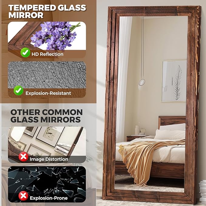 Full Length Wood Mirror 76x34 - Rustic Solid Wood Floor Mirror with Triple Layer Frame, HD Tempered Glass, Wall Mounted or Leaning Standing Mirror Vintage Brown Mirror for Bedroom Bathroom Living Room