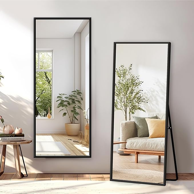 GlasFlength Full Length Mirror with Stand - 56" x 19" Aluminum Alloy Frame Full Body Mirror, Standing Hanging or Leaning Wall Floor Mirror for Bedroom Living Room Dressing Room, Black