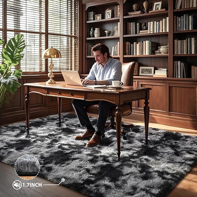 5x8 Black Grey Rugs for Living Room Fluffy Area Rug, Super Fuzzy Fur Bedroom Carpet for Boys Dorm Office Nursery Modern Home Decor