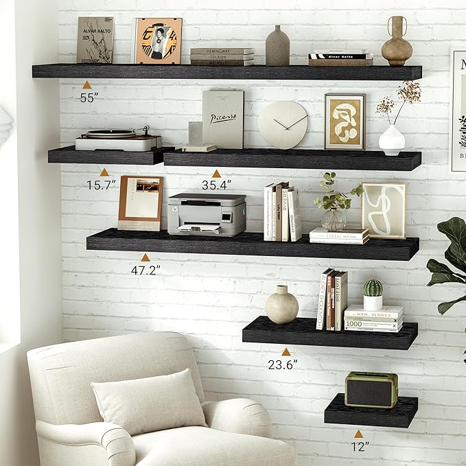 Vivelove Black Floating Shelves 24 Inches Wide, 12" Deep Wall Shelves for Bedroom, Bathroom, Living Room, Kitchen, Office, Rustic Home Decor Shelf with Invisible Brackets, 23.6X12X 1.5, Set of 2