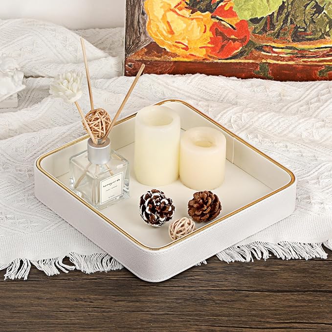 Hipiwe Perfume Tray Valet Tray Night Stand Bedside Organizer Perfume Organizer Catchall Trays PU Leather Bathroom Vanity Tray for Dresser Countertop Perfume Holder Women