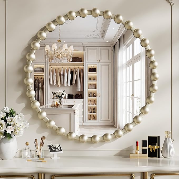 Round Vanity Mirror for Wall, 28 Inch Beaded Frame Circle Mirror for Bedroom Dresser, Bathroom, Entryway, Living Room, Decorative Hanging Wall Mirror, Silver
