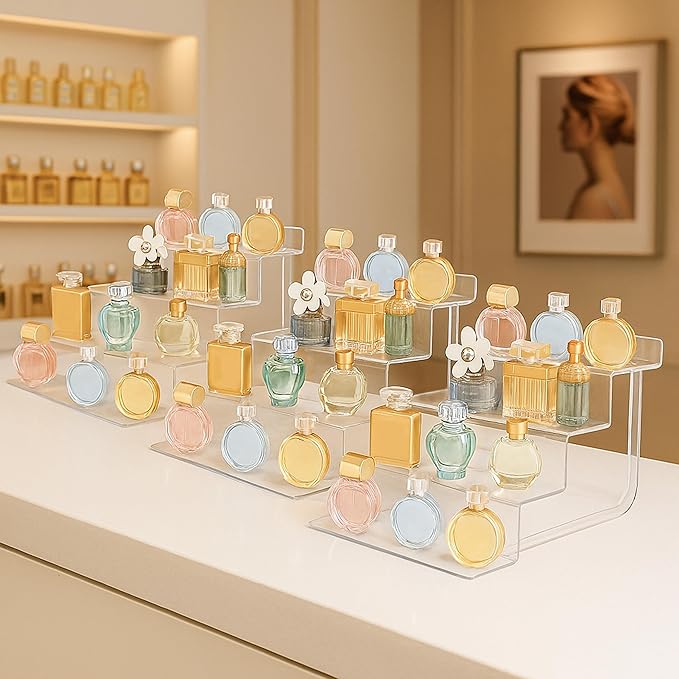 AMT Acrylic Riser Display Stand, 100% Acrylic Clear 4-Tier Organizer for Figures, Cupcake, Perfume, Sunglasses (9 inch x 2.4 inch) 3-pack