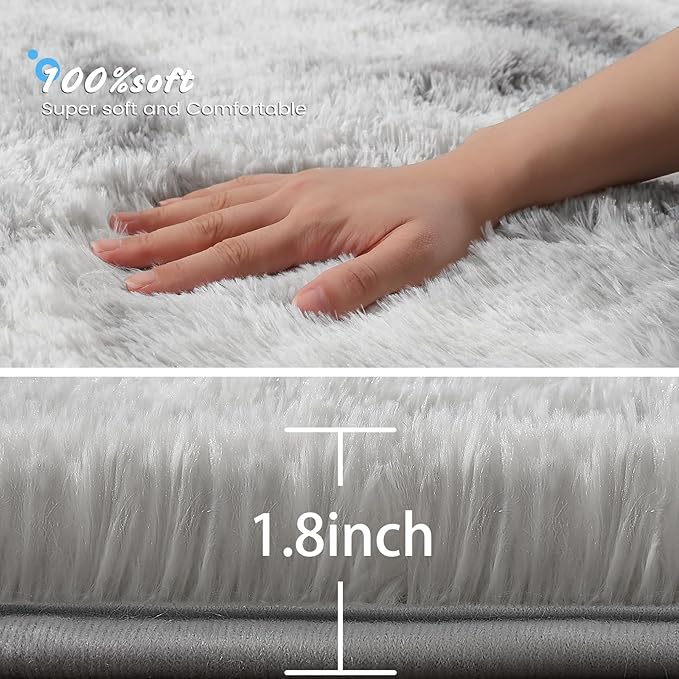 Modern Soft Fluffy Small Shaggy Rug for Bedroom Livingroom Dorm Kids Room Indoor Home Decorative, Non-Slip Plush Furry Fur Area Rugs Comfy Nursery Floor Carpet 7X10 Feet,Tie-Dyed White Grey
