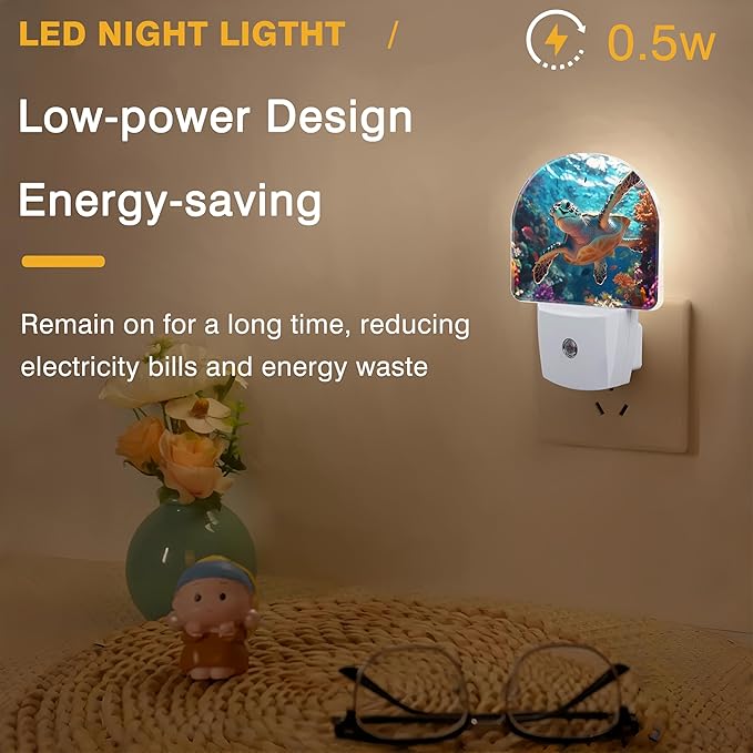 Night Lights Plug into Wall Sea Turtle Swimming in Ocean Night Light Dusk to Dawn Smart Sensor Decorative Round Led Lamp for Bedroom Kitchen Hallway Nightlight for Women Men