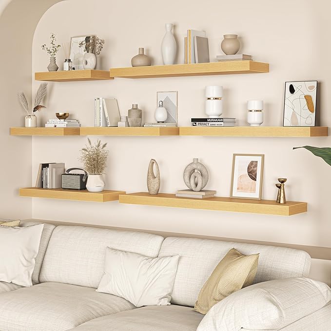 Oak Floating Shelves for Wall, 55 Inch Floating Shelves Set of 1, Wall Mounted Rustic Wood Shelf for Bathroom, Living Room, Bedroom and Kitchen, Hanging Shelf for Storage, Books, Home Decor