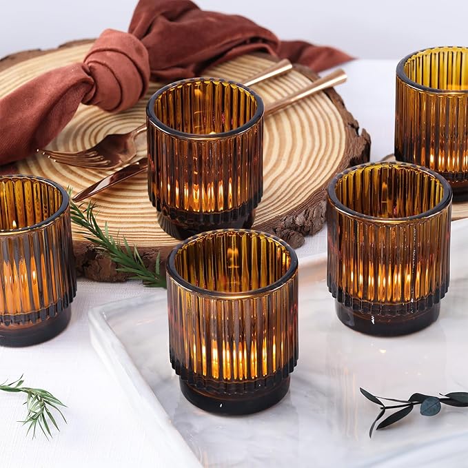 16 Pcs Large Amber Votive Candle Holders, Tealight Ribbed Candle Holders Glass for Thanksgiving Decorations, Amber Glass Candle Holder, Vintage Boho Christmas Table Decorations,
