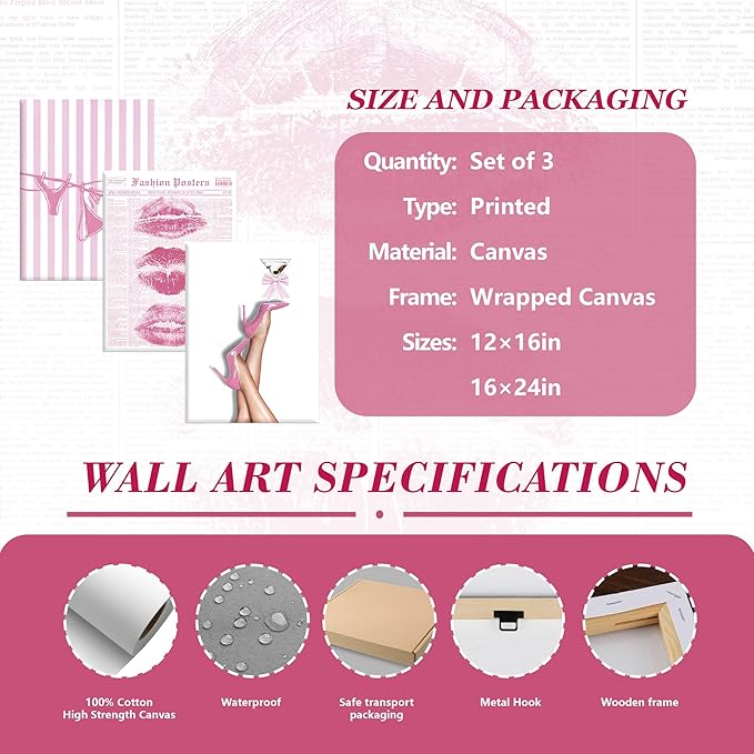 3Pcs Trendy Coquette Wall Art Pink Lips Bikini & Bow Heels Wall Decor Pictures Vintage Martini Newspapaer Canvas Posters Prints for Y2K Girly Room Dorm Apartment Preppy Aesthetic Decor 12x16in