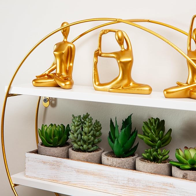 Mind Reader Floating Round Wall Shelves, Gold Metal Frame with Dual White Display Shelves, Decorative Wall-Mounted Organizer for Living Room, Office, or Bathroom, Metal. MDF, White
