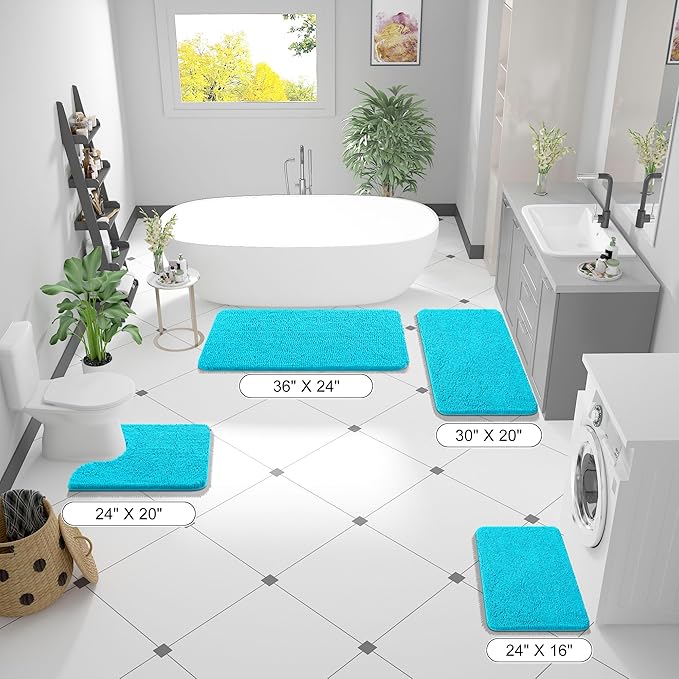 OLANLY Bathroom Runner Rugs 44x24, Soft Absorbent Chenille Bath Rugs, Rubber Backing Quick Dry, Machine Washable Long Bath Mats for Bathroom Floor, Tub and Shower, Home Decor Accessories, Aqua Sky