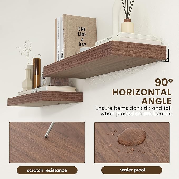 FLYJOE Deep Floating Shelves | 36 Inch Walnut Floating Shelves Set of 2 | 12 Inch Deep Rustic Wood Shelves for Wall | 36" W x 12" D Walnut Shelves for Living Room Bathroom Laundry Room Kitchen