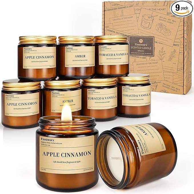 9 Pack Soy Candles for Home Scented |（Apple Cinnamon/Amber/Vanilla） Long-Lasting 270 Hours, Natural Scented Candles Gift for Women & Men, Birthday, Mother’s Day, Christmas, Thanksgiving