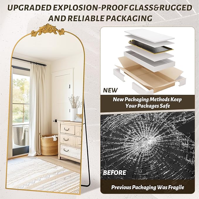Vintage Full Length Mirror,78"x38" Arched Antique Floor Mirror with Carved Metal Frame,Large Standing Wall Mounted or Leaning Mirror for Bedroom Living Room Entryway,Gold