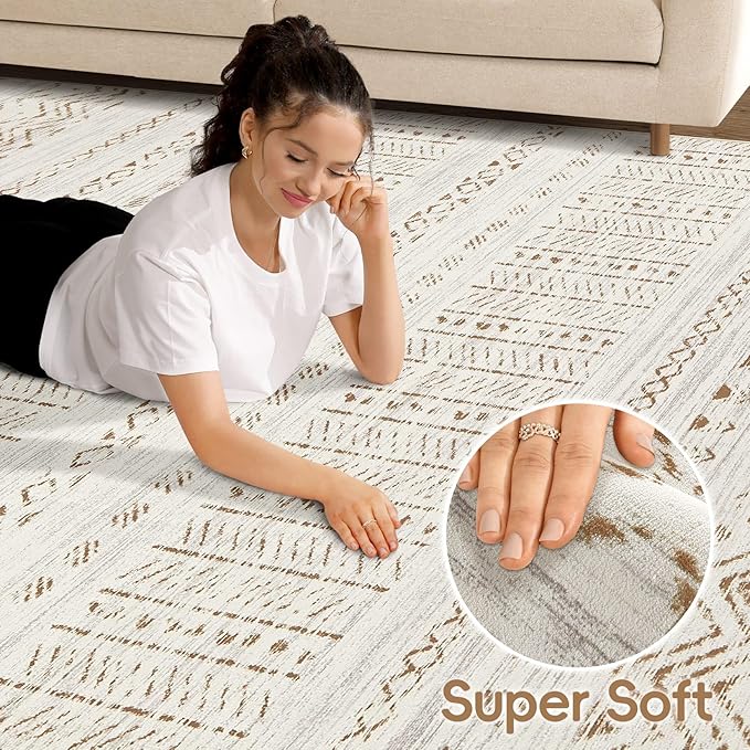 cotiled 10x12 Area Rug Living Room: Washable Boho Rugs with Non Slip Backing Large Soft Indoor Stain Resistant Carpet for Bedroom Farmhouse Dining Room Lightweight Home Decor Brown/Cream
