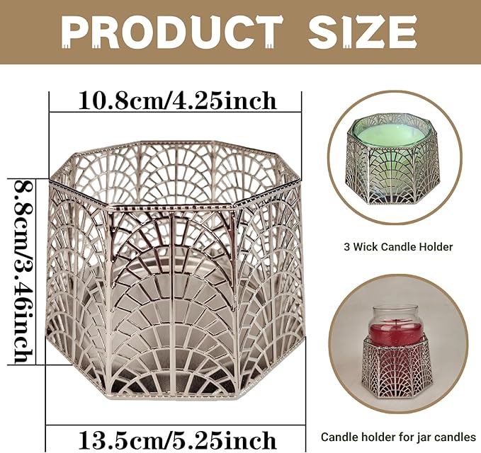 3 Wick Candle Holder, Shell Design Candle Jar Holder for 4-Inch Diameter Jars (5.25" D x 3.5" H), Rose Gold Metal, Coastal Decor