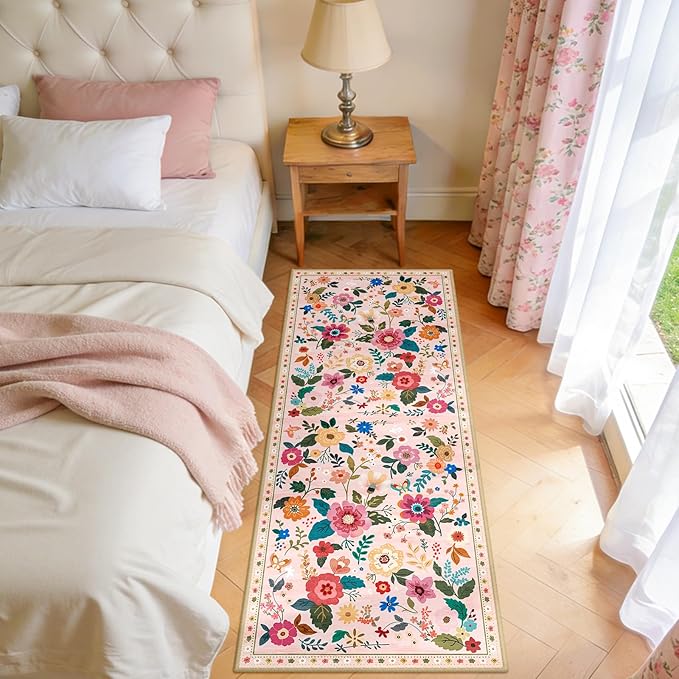 RELEANY Floral Nursery 2x5 Area Rugs Washable Print Boho Cute Carpet Non Slip Flower Low Pile for Living Room Kids Girls Playroom Bedroom Kitchen Office Farmhouse-Pink