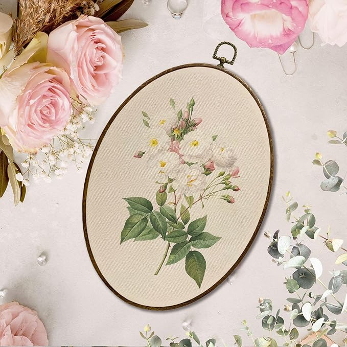 JQF Noisette Rose Floral Oval Wall Decor, Cottagecore Antique Floral Oval Canvas Wall Art, Neutral Botanical Antique Flower Framed Prints Hanging Decor for Home Bedroom Living Room, 8.5x11.5 Inch
