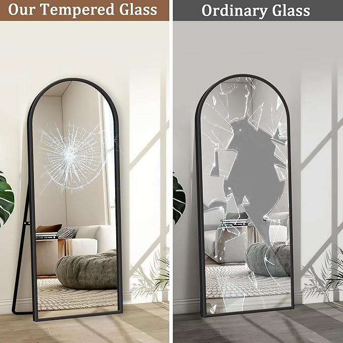 GlasFlength 56" x 18" Full Length Mirror with Stand, Arched Aluminum Alloy Frame, Versatile Standing, Hanging, or Leaning Wall/Floor Mirror for Bedroom, Living Room, or Entryway, Black