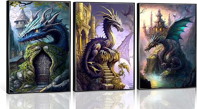 FJKLRP 3pcs Fantasy Dragon Wall Art Castle & Mythical Dragon Design Canvas Prints poster Fantasy Wall Decor with Fantasy Themed Wall Decor for Bedroom Gaming Room Living Room Decoration Unframed