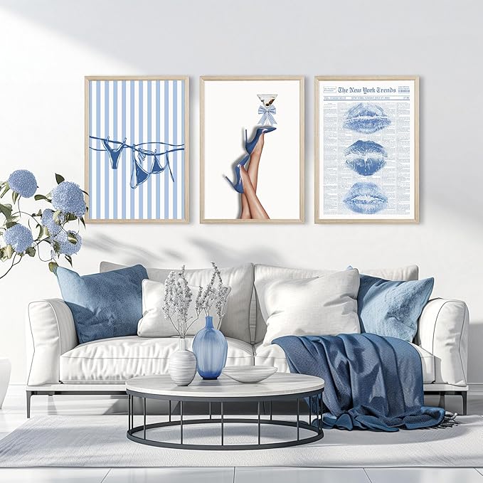 Blue Coquette Wall Art Decor Preppy Trendy Aesthetic Posters Funky Retro Y2k Canvas Wall Art Decor Blue Bow Bikini Lips Prints Girly Room Artwork for Dorm Bedroom 12x16 Inch Wood Framed Set of 3