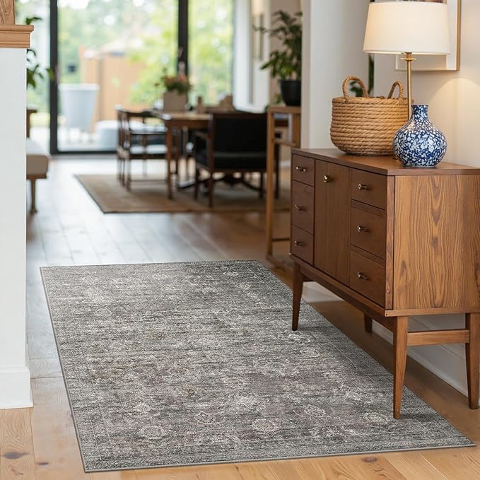 Rugxara 3x5 Rug for Entryway Bedroom, Grey 3x5 Washable Area Rug, Vintage Retro Boho Throw Rug, Non Slip & Low Pile Small Carpet for Indoor Kitchen, Bedside, Living Room, Bathroom and Dining