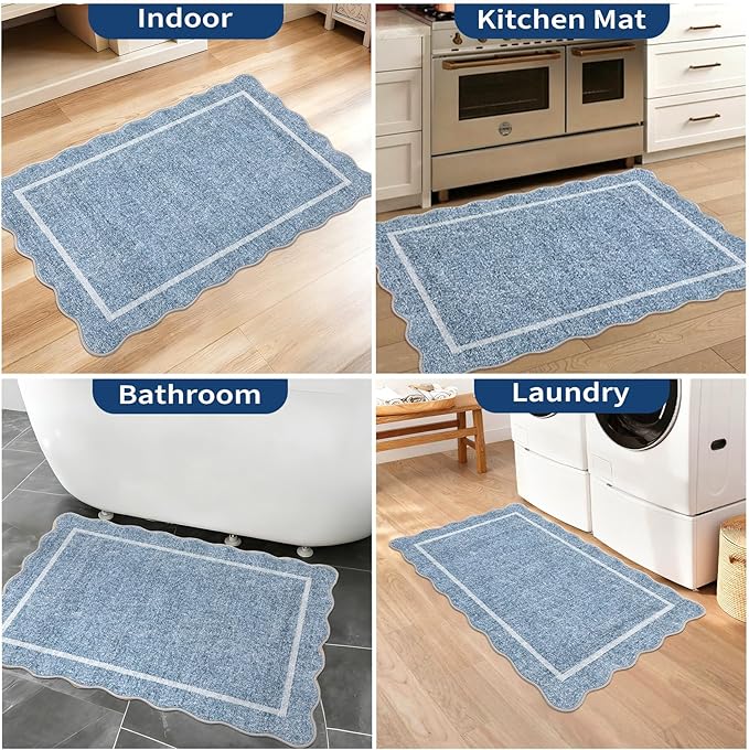 GarveeHome Scalloped Door Mat Indoor Entrance 2x3 Rug Machine Washable Boho Solid Small Area Rug Non-Slip Low Pile Throw Rugs for Entryway Kitchen Front Door Indoor Entrance Entry Kids Room, Blue
