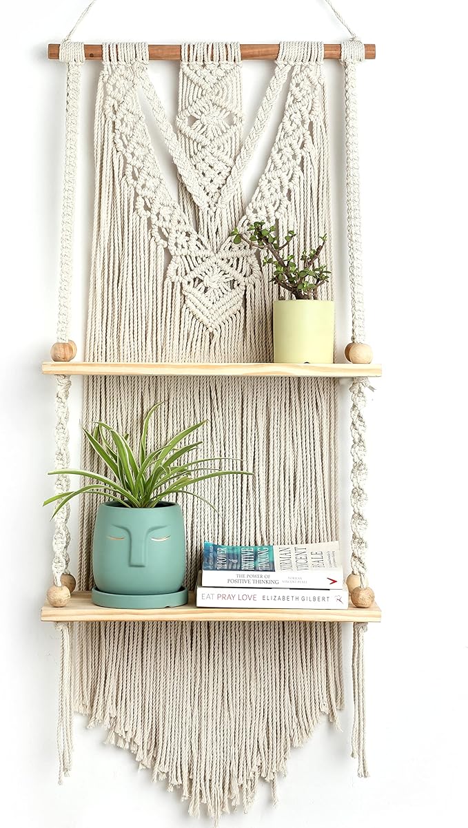 Macrame Wall Hanging Shelf - Boho Shelves Bedroom Decor | Macrame Wall Decor for Kitchen, Plant Hanger Shelves, Woven Rope Floating Shelves & Home Storage Organizer - 2 Tier