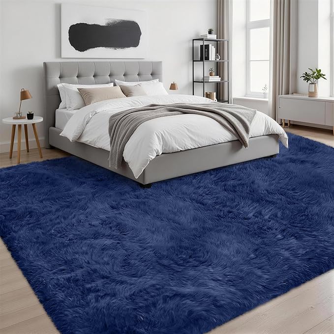 8x10 Area Rugs for Living Room Bedroom: Ultra Soft Fluffy Shag Rug Upgrade Non-Slip Non-Shedding Large Fuzzy Plush Carpet Indoor Floor Carpets for Kids Room Playroom Nursery Dorms Home Decor Blue