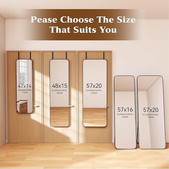 NARCISSUS 57x20 Mirror Door Hanging Full Length Body with Floor Stand or Wall Mounted Metal Aluminum Frame Tempered Glass Rectangle Mirrors for Bedroom Dressing Living Room Bathroom 57 inch Black
