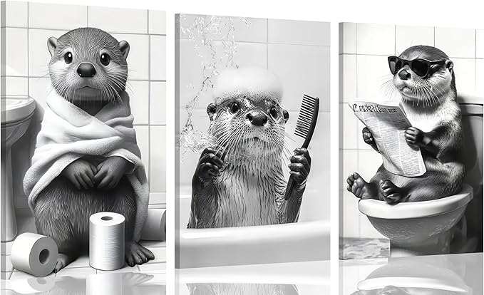 3Pcs Framed Cute Otter Canvas Wall Art Black And White Animal Poster Print Funny otter bathing and reading newspaper Picture Painting Wall Decor for Bathroom Restroom Home Decoration