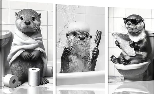 3Pcs Framed Cute Otter Canvas Wall Art Black And White Animal Poster Print Funny otter bathing and reading newspaper Picture Painting Wall Decor for Bathroom Restroom Home Decoration