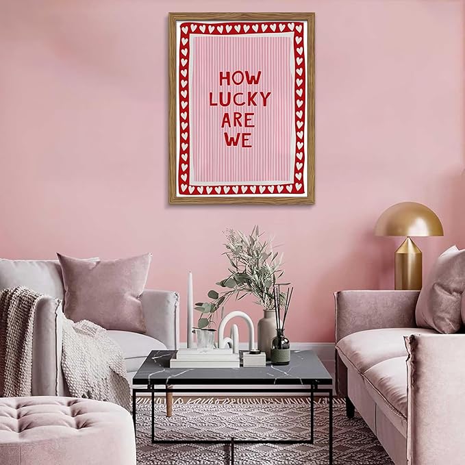 Framed How Lucky Are We Wall Art, Vintage Pink Inspirational Canvas Wall Decor Painting, Trendy Preppy Stripe Romantic Quotes Posters Prints Pictures for Bedroom Dorm Valentine Gift 16x24 Inch