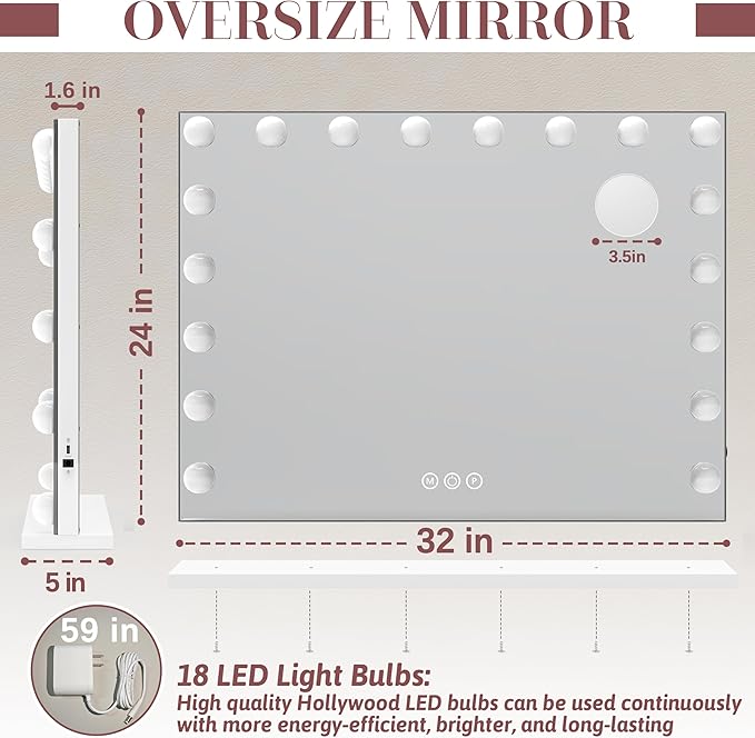 ROLOVE 32"x24" Hollywood Vanity Mirror with Lights, 15 Dimmable LED Bulbs, 3 Color Modes, 10X Magnification, USB Charging Port, Tabletop or Wall-Mounted