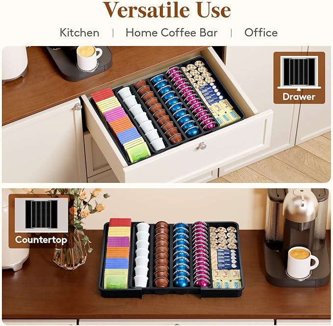 Lifewit Coffee Pod Holder Drawer Organizer, Expandable Coffee Pods Storage Drawers Insert for Tea Bags, Bar Organizer Compatible with K Cup, Nespresso OriginalLine, VertuoLine Capsules Black