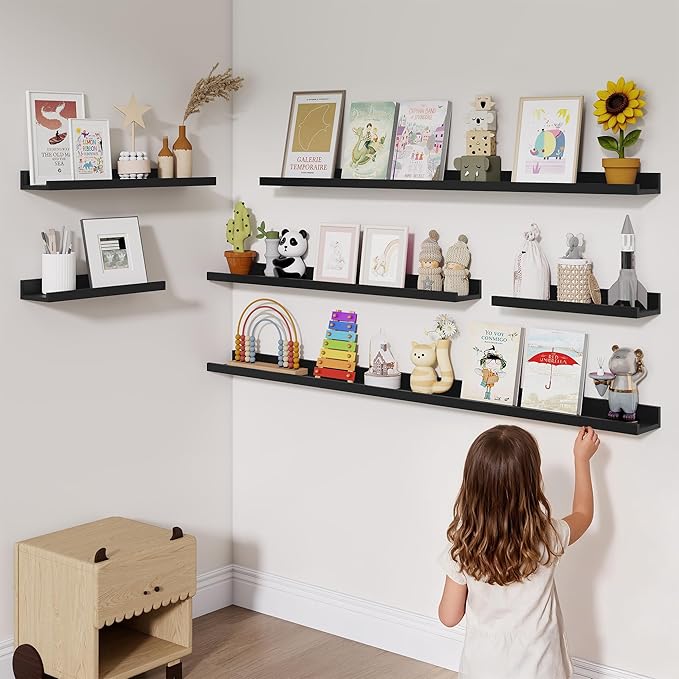Heimlove Picture Ledge Shelf, Small Floating Shelves Set of 2, 16 Inches Picture Shelf for Wall with Ledge, Kids Bookshelf Wall Mounted for Living Room Bedroom Decor，Black