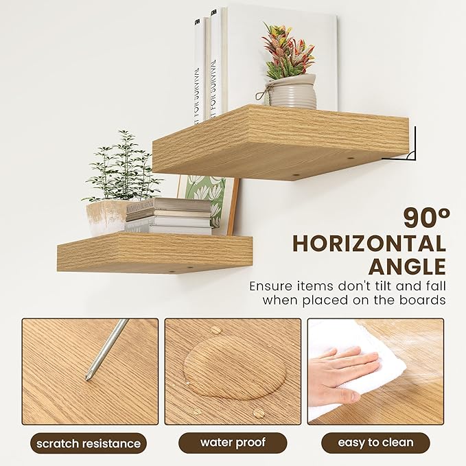 FLYJOE 12 Inch Deep Floating Shelves | 16 Inch Oak Floating Shelves Set of 2 | 16W x 12D Rustic Shelves for Wall | Deep Wood Shelves for Living Room Bathroom Kitchen Bedroom