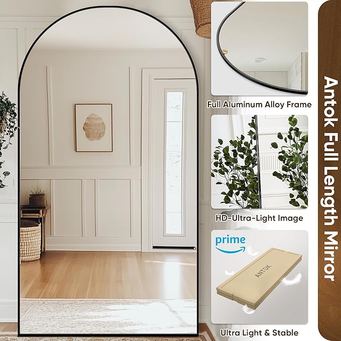 Antok Full Length Mirror, 44"x88" Floor Mirror with Stand, Hanging Mounted Mirrors for Bedroom, Living Room, Cloakroom, Dining Room, Black, Arched