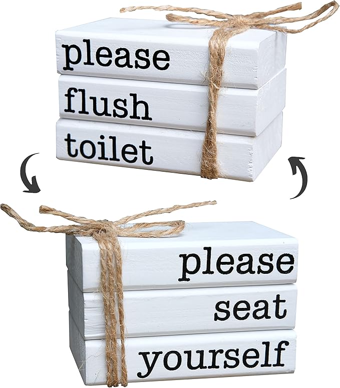 Farmhouse Mini Bathroom Sign Decor Funny Wooden Book Stack for Bathroom Tray Decor Bathroom Shelf Sitter 2 Signs in 1 Reversible Mini Book Set of 3 for Restroom Wooden Rustic Sign