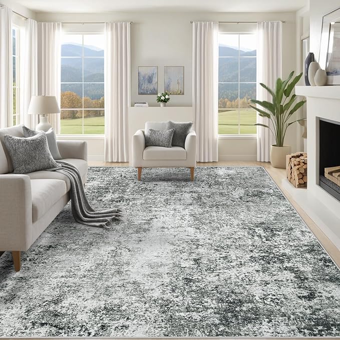 XLUEZ 9x12 Area Rug for Living Room, Washable Modern Abstract Large Area Rug Neutral Soft Non Slip Kids Rug Stain Resistant Indoor Carpet for Bedroom Dining Room Playroom Office(Grey, 9'x12')